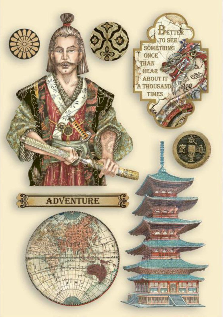 Stamperia Sir Vagabond in Japan Samurai gekleurde houten vormen A5